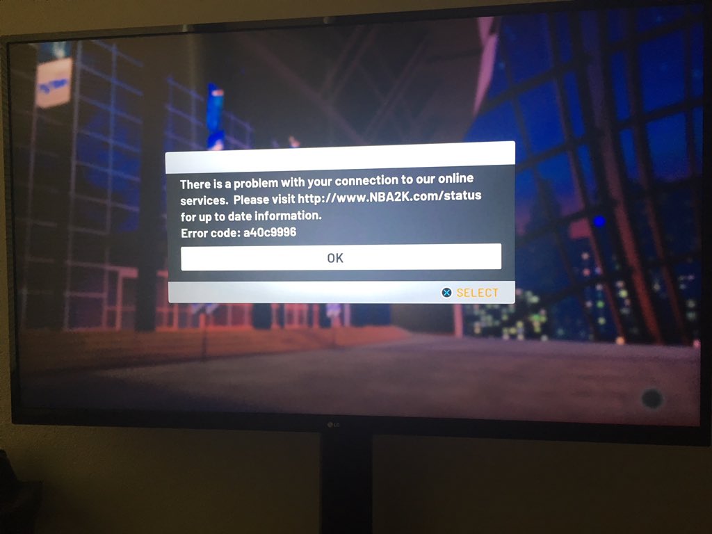 nba 2k19 error code a40c9996 is a 2k server problem which means that you should firstly to look for the new patch for the game try to update the new patch - error code fortnite ps4