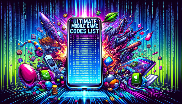 Mobile Codes A Z Index For November 2024 GamePretty   DALL·E 2024 01 04 22.20.46 A Panoramic Vibrant And Detailed Illustration Featuring A Large Smartphone In The Center With Its Screen Showcasing A List Of Cheat Codes For Mobile G 768x439 